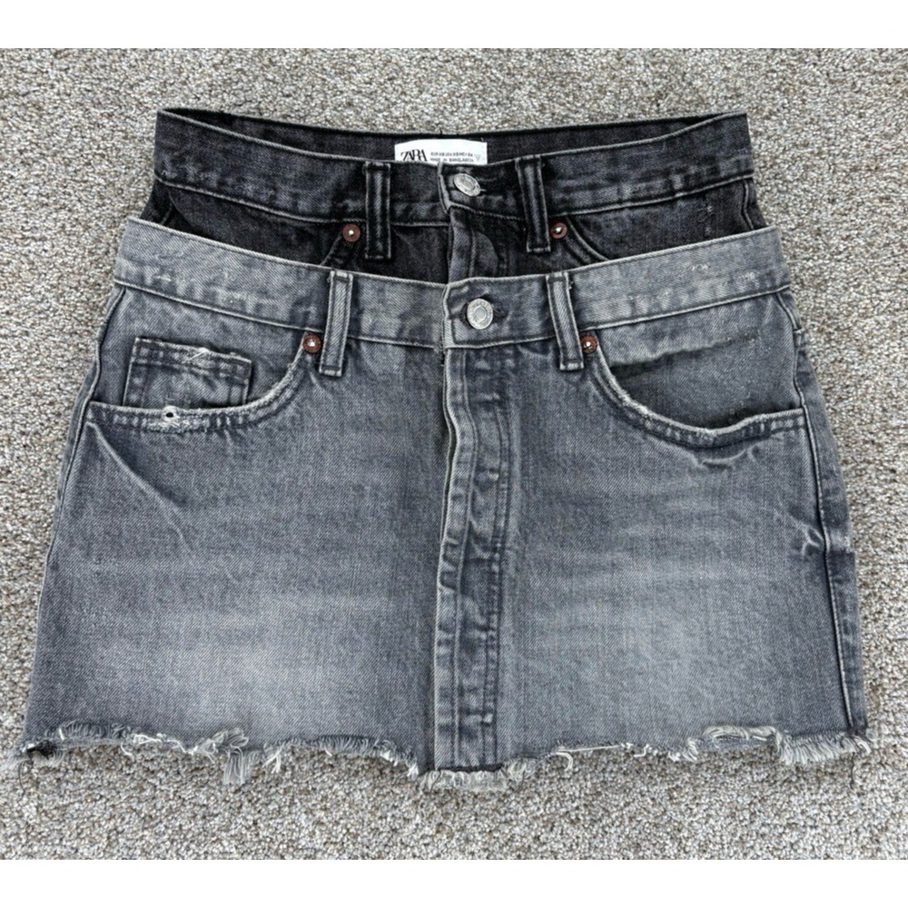 ZARA Double Waist Denim Mini Skirt Size XS Gray Layered Button Front Frayed Hem